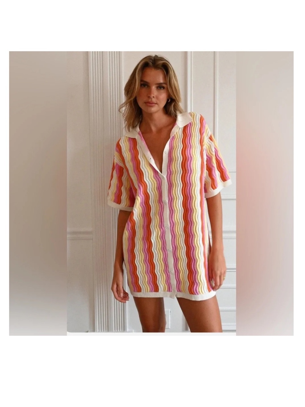 Striped Wave-Pattern Mini Dress in Pink and Orange
